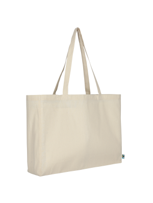 Fair trade cotton bag with 12 cm bottom gusset and long handles 48x36 cm.