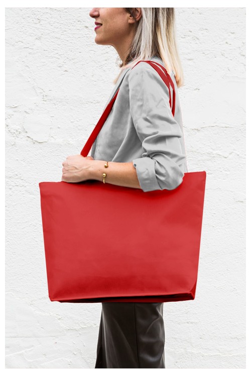 Non-woven bag with bottom gussep, zip closure and pocket 48x36+10 cm.