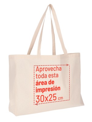 Bolsa de algodón con base de 12 cm y asas largas 48x36 cm.