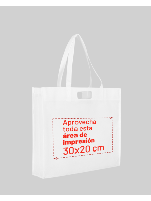 Bolsas de TNT troqueladas con asas largas 44x38+10 cm.