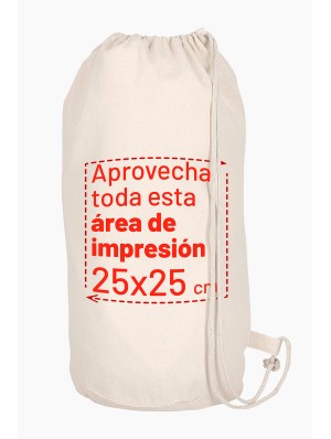 Mochilas de algodón con cordón simple y fondo redondo de 25 cm de diámetro. 40x54 cm