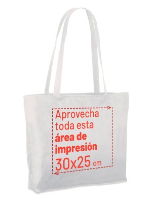 Non-woven bag with bottom gussep, zip closure and pocket 48x36+10 cm.